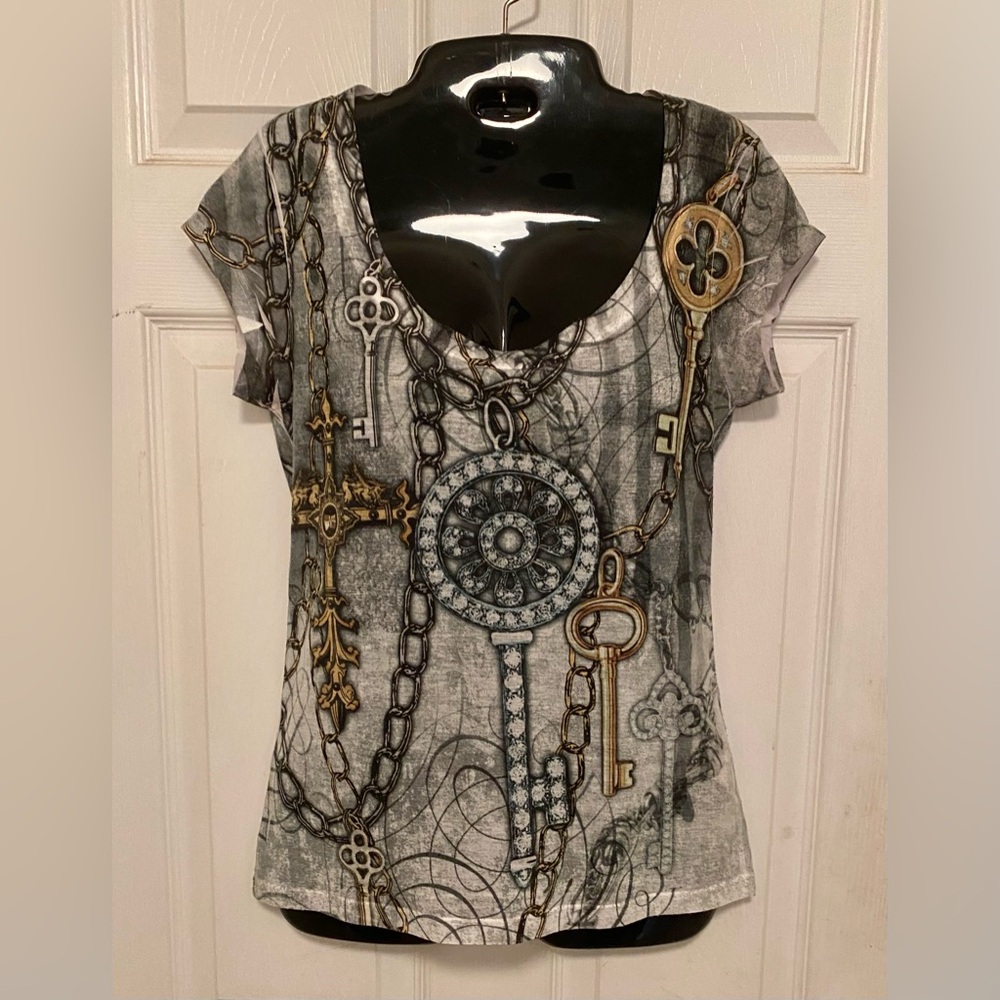 CACHE Chain Print Stretch Top, T-Shirt, Blouse Sz SM